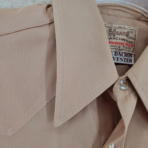COPY Vtg H Bar C Shirt Men 15 1/2 Long Tail Slim Pearl Snap Tan Dacron Polyester - Picture 9 of 12